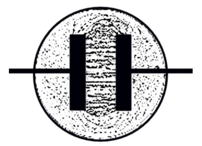 Schematische Grafik: Kreis mit zwei senkrechten schwarzen Balken in der Mitte und einer horizontalen Linie, die durch den Kreis verläuft.
